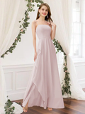 A-Line Jewel Neck Floor Length Chiffon Bridesmaid Dress Pink with Pleats