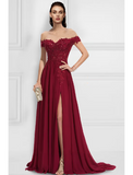 A-Line Evening Gown Floral Dress Formal Sweep / Brush Train Sleeveless Off Shoulder Chiffon with Slit Appliques
