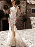 Wedding Dresses Jewel Neck Court Train Lace Tulle Cap Sleeve Modern Detachable with Appliques