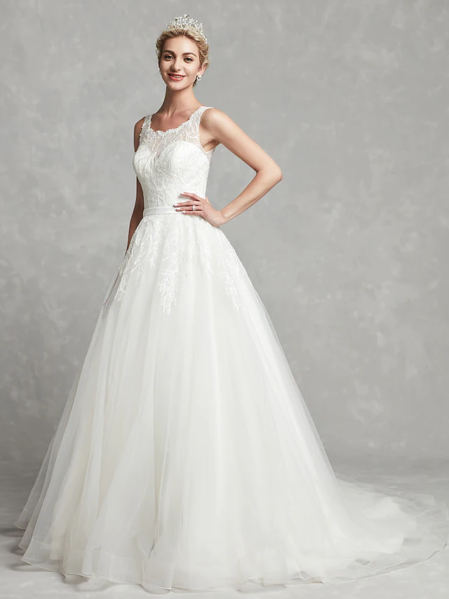 A-Line Wedding Dresses Scoop Neck Chapel Train Lace Tulle Regular Straps Formal Illusion Detail with Lace Sash  Ribbon