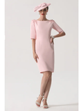 Mother of the Bride Dress Elegant Jewel Neck Knee Length Stretch Satin Half Sleeve with Appliques