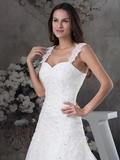 A-Line Wedding Dresses Sweetheart Neckline Chapel Train Lace Tulle Spaghetti Strap with Beading Appliques