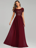 A-Line Jewel Neck Floor Length Chiffon Bridesmaid Dress with Sash  Ribbon  Sequin  Sparkle & Shine