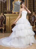 Ball Gown Wedding Dresses Strapless Court Train Organza Satin Strapless with Pick Up Skirt Bow(s)