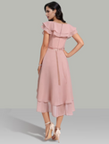 A-Line Wedding Guest Dresses Tiered Dress Cocktail Party Tea Length Short Sleeve V Neck Belt / Sash Chiffon with Beading