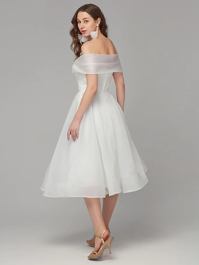 A-Line White Elegant Engagement Cocktail Party Dress Off Shoulder Sleeveless Tea Length Organza with Criss Cross Pleats