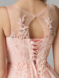 A-Line Sparkle Homecoming Cocktail Party Dress Pink Illusion Neck Sleeveless Short  Mini Tulle Floral Lace with Sequin Appliques