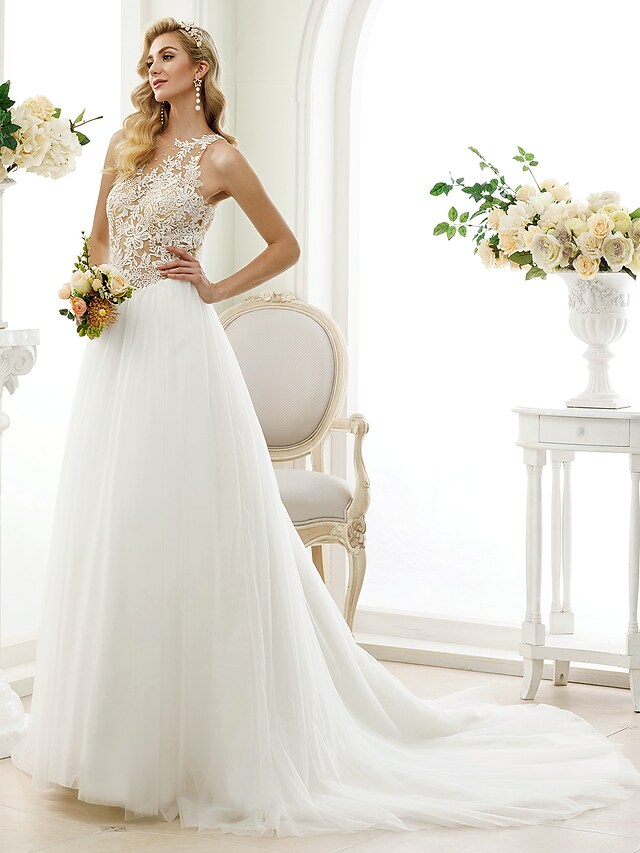 Ball Gown Wedding Dresses Jewel Neck Chapel Train Lace Tulle Lace Over Tulle Regular Straps See-Through Beautiful Back with Buttons Appliques