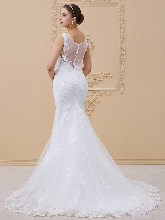 Wedding Dresses V Neck Chapel Train Tulle All Over Lace Lace Over Tulle Regular Straps Sexy Illusion Detail Backless with Beading Appliques