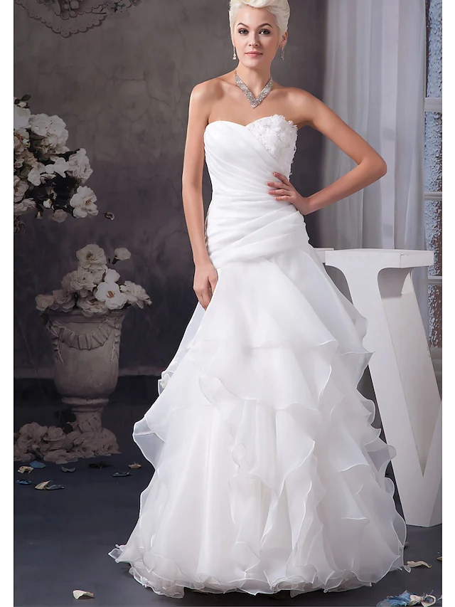 A-Line Wedding Dresses Sweetheart Neckline Floor Length Lace Organza Satin Strapless with Ruched Appliques Cascading Ruffles