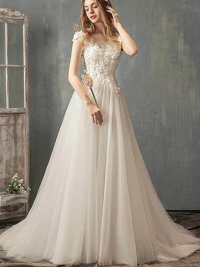 Princess A-Line Wedding Dresses Jewel Neck Lace Tulle Cap Sleeve Country Romantic with Pleats Appliques