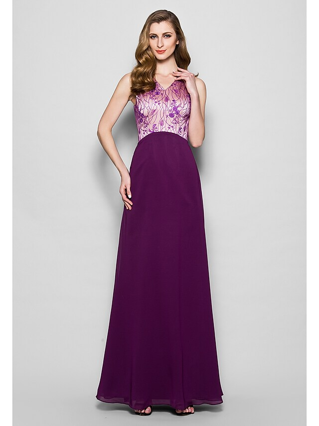 A-Line Mother of the Bride Dress Wrap Included V Neck Floor Length Chiffon Satin Sleeveless with Lace Bow(s)