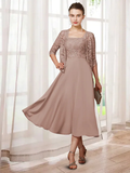 Two Piece A-Line Mother of the Bride Dress Elegant Jewel Neck Tea Length Chiffon Lace Half Sleeve with Appliques