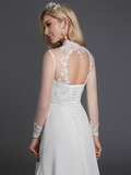 A-Line Wedding Dresses High Neck Court Train Chiffon Lace Long Sleeve Vintage Plus Size Backless with Lace Buttons