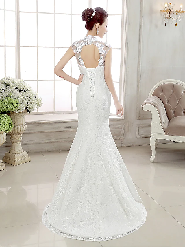 Wedding Dresses High Neck  Lace Cap Sleeve Sexy Illusion Detail Backless with Beading Appliques