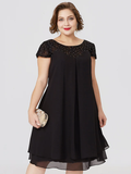 Mother of the Bride Dress Little Black Dress Plus Size See Through Jewel Neck Knee Length Chiffon Lace Short Sleeve with Pleats Beading Lace Insert