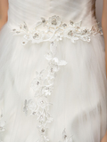 Ball Gown Wedding Dresses Square Neck Court Train Tulle Short Sleeve with Ruched Beading Flower