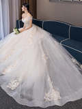 Ball Gown Wedding Dresses Off Shoulder Chapel Train Organza Cap Sleeve Formal Elegant with Crystals Appliques