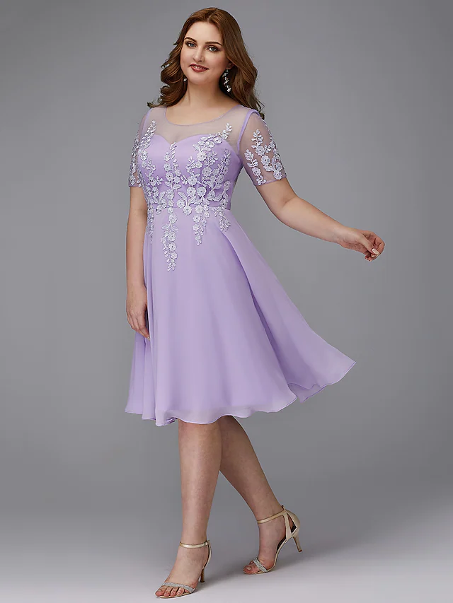 A-Line Plus Size Homecoming Cocktail Party Dress Illusion Neck Short Sleeve Knee Length Chiffon Lace with Appliques