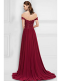 A-Line Evening Gown Floral Dress Formal Sweep / Brush Train Sleeveless Off Shoulder Chiffon with Slit Appliques