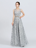 A-Line Jewel Neck Floor Length Lace Bridesmaid Dress with Sash  Ribbon  Appliques