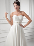 A-Line Wedding Dresses Sweetheart Neckline Court Train Satin Strapless with Buttons Ruched Beading