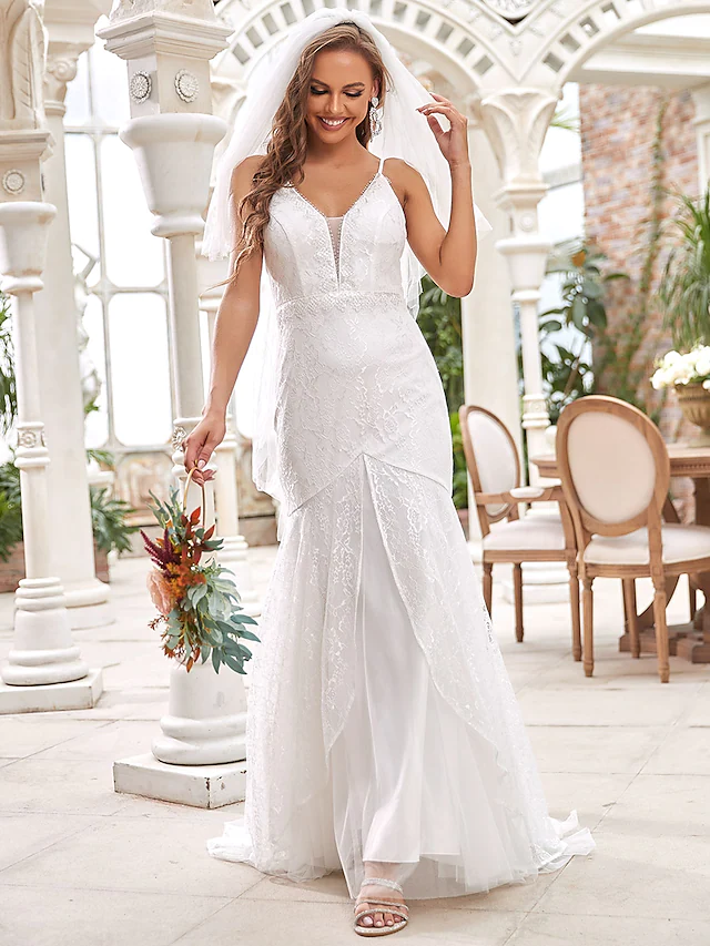 Wedding Dresses V Neck  Lace Tulle Sleeveless Romantic with Lace