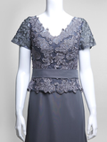 Mother of the Bride Dress Elegant V Neck Floor Length Chiffon Lace Short Sleeve with Lace