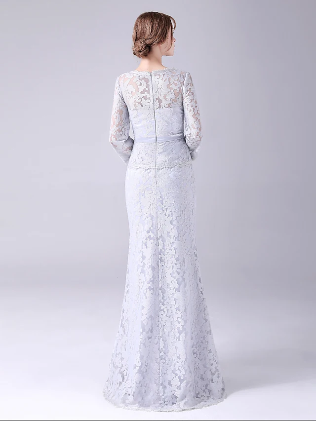 Mother of the Bride Dress Elegant Sweet Jewel Neck Floor Length Lace Long Sleeve with Sash  Ribbon Bow(s)