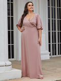 A-Line V Neck Floor Length Satin  Stretch Satin Bridesmaid Dress with Ruching