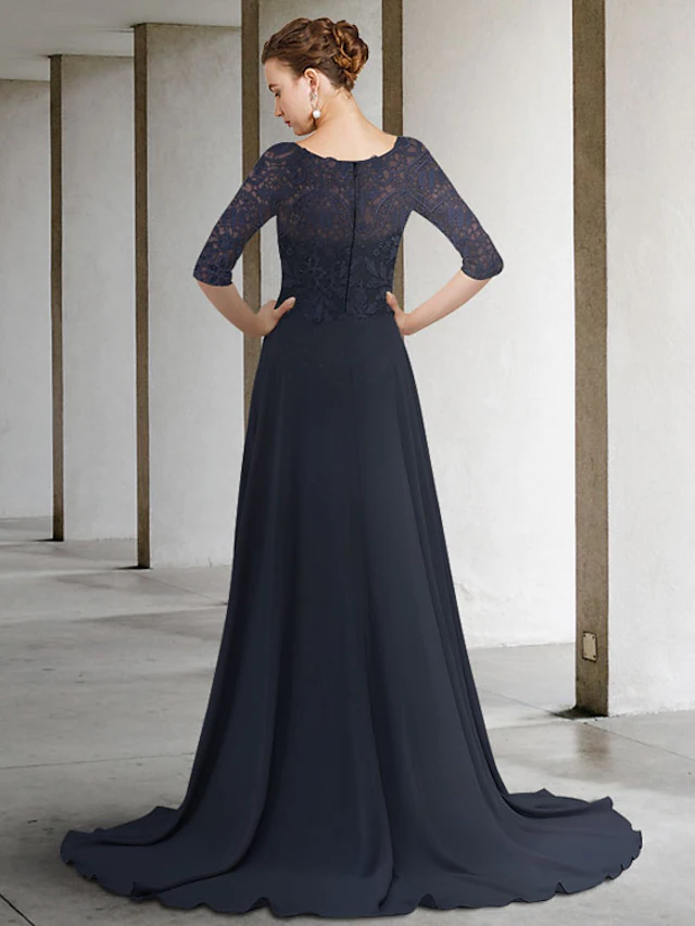 A-Line Mother of the Bride Dress Elegant Jewel Neck  Chiffon Lace Half Sleeve with Pleats