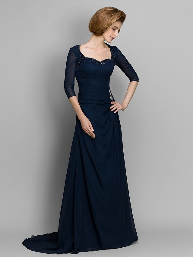 A-Line Mother of the Bride Dress Elegant Sweetheart Neckline  Chiffon  Length Sleeve with Ruched Beading