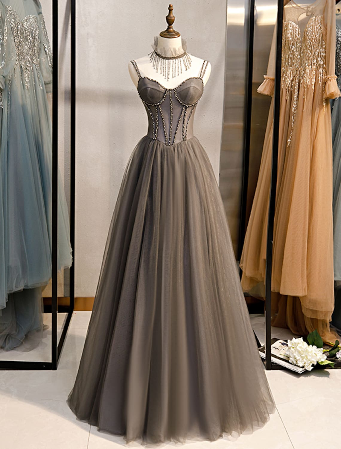 A-Line Prom Dresses Sexy Dress Formal Floor Length Sleeveless Spaghetti Strap Tulle with Pleats Crystals