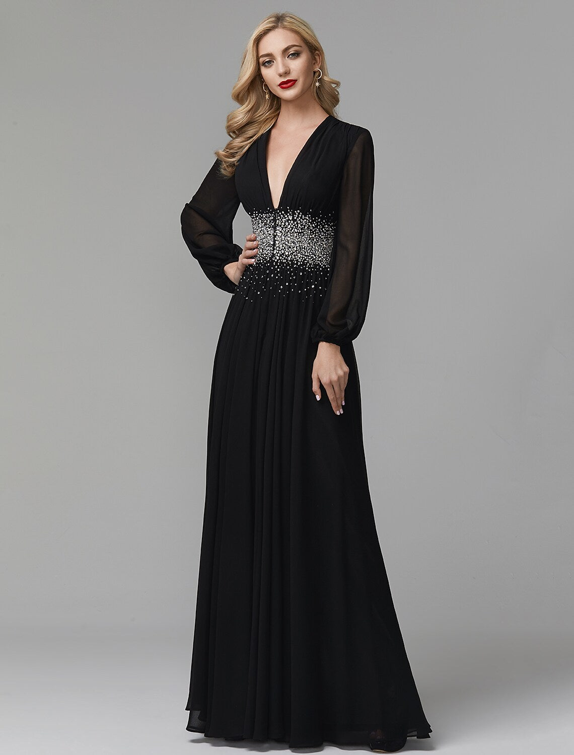 A-Line Evening Dress Celebrity Red Carpet Formal Gown Black Tie Wedding Guest Floor Length Long Sleeve V Neck Chiffon with Sequin