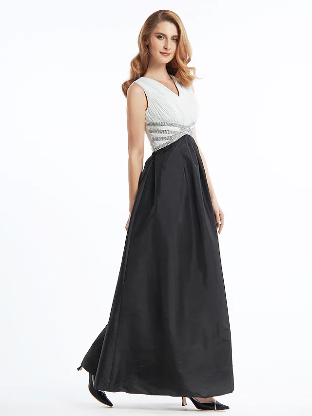 A-Line Mother of the Bride Dress Color Block V Neck Ankle Length Chiffon Taffeta Sleeveless with Criss Cross Beading