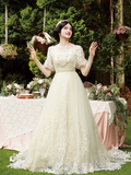 A-Line Wedding Dresses Scoop Neck Chapel Train Lace Tulle Half Sleeve Vintage See-Through with Beading Appliques