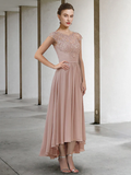 A-Line Mother of the Bride Dress Elegant Jewel Neck Asymmetrical Chiffon Lace Half Sleeve with Pleats Appliques