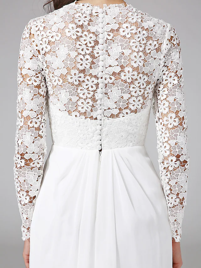 Wedding Dresses V NeckChiffon Floral Lace Long Sleeve Romantic Boho Illusion Sleeve with Lace Button
