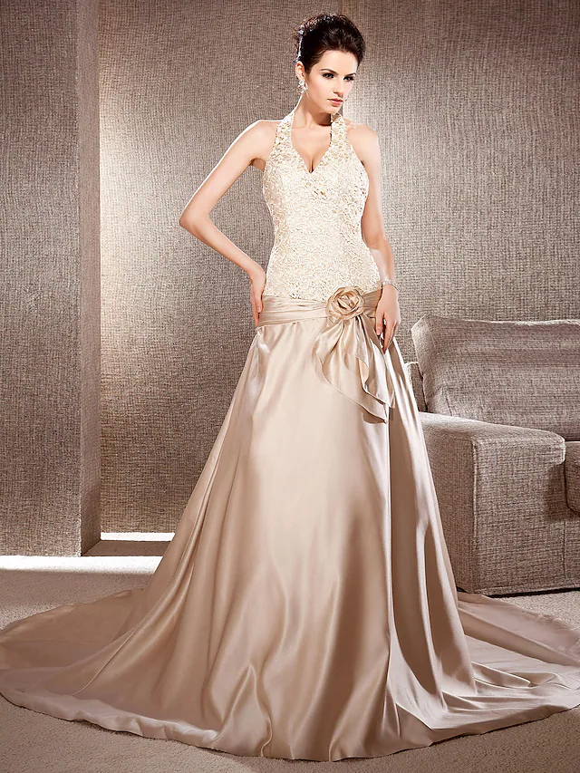 Princess A-Line Wedding Dresses V Neck Chapel Train Lace Satin Sleeveless Wedding Dress in Color with Lace Ruched Flower