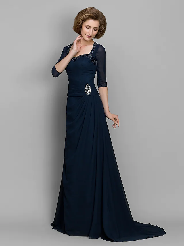 A-Line Mother of the Bride Dress Elegant Sweetheart Neckline  Chiffon  Length Sleeve with Ruched Beading