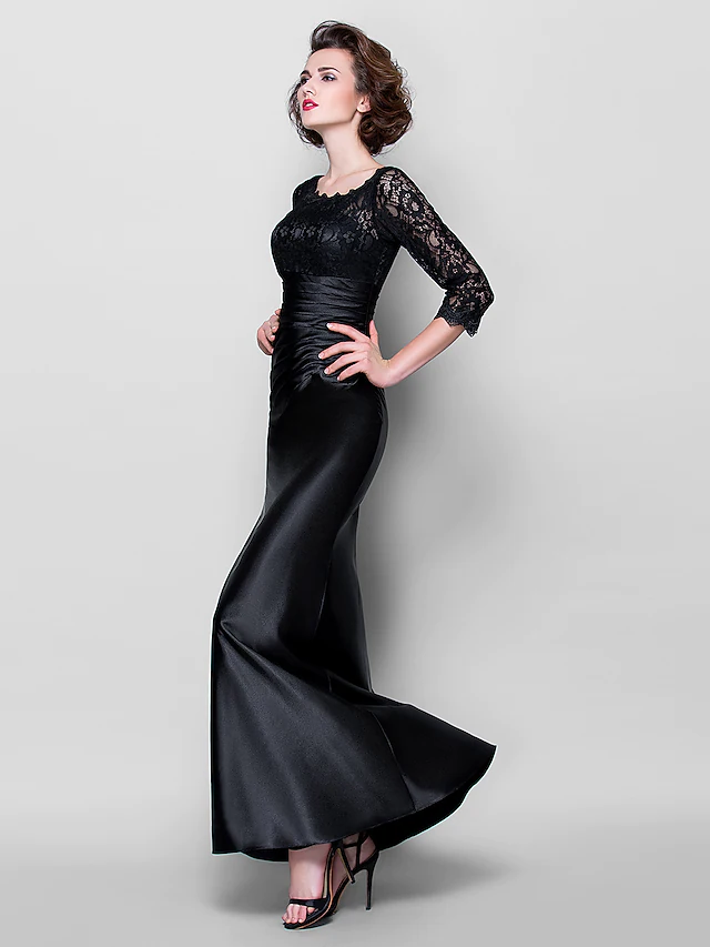 Mother of the Bride Dress See Through Jewel Neck Floor Length Stretch Satin Lace Over Satin  Length Sleeve with Lace Ruched Side Draping