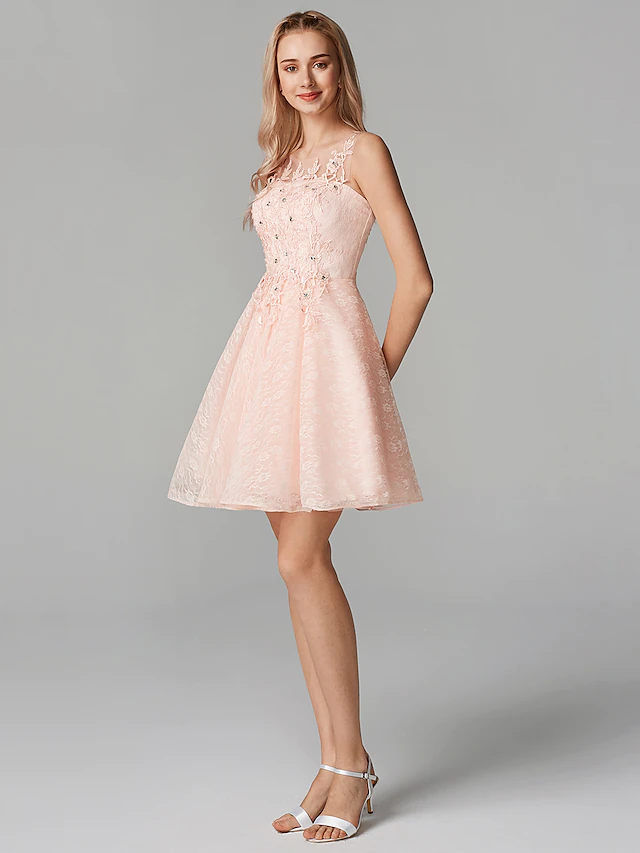 A-Line Sparkle Homecoming Cocktail Party Dress Pink Illusion Neck Sleeveless Short  Mini Tulle Floral Lace with Sequin Appliques