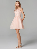 A-Line Sparkle Homecoming Cocktail Party Dress Pink Illusion Neck Sleeveless Short  Mini Tulle Floral Lace with Sequin Appliques