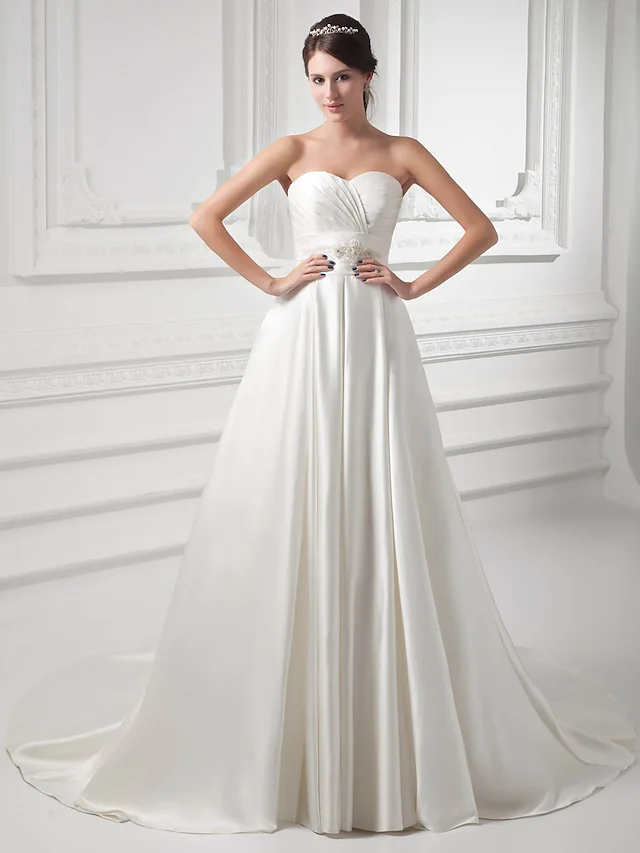 A-Line Wedding Dresses Sweetheart Neckline Court Train Satin Strapless with Buttons Ruched Beading