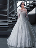 A-Line Wedding Dresses Off Shoulder Court Train Lace Tulle Long Sleeve Formal Sexy Illusion Sleeve with Appliques