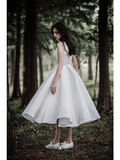 A-Line Wedding Dresses Jewel Neck Tea Length Chiffon Over Satin Cap Sleeve Simple Casual Little White Dress