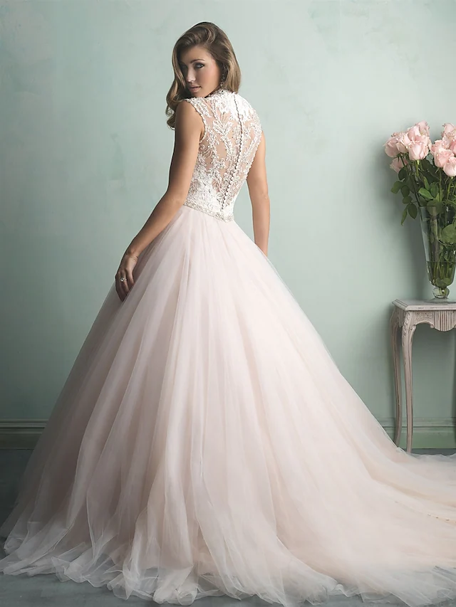A-Line Wedding Dresses V Neck  Tulle Regular Straps Romantic See-Through Illusion Detail Backless with Beading Lace Insert