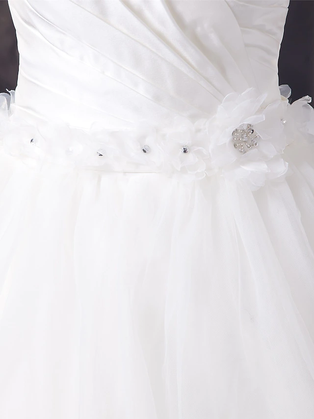 A-Line Wedding Dresses Sweetheart Neckline Court Train Organza Satin Strapless with Pick Up Skirt Ruched Beading