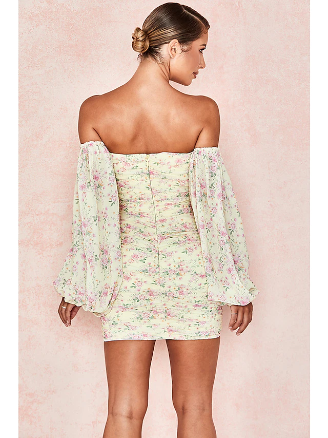 Sexy Floral Party Wear Cocktail Party Dress Off Shoulder Long Sleeve Short  Mini Spandex with Ruched Pattern  Print