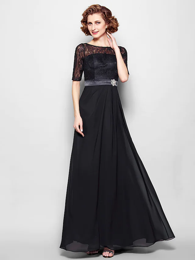 A-Line Mother of the Bride Dress Jewel Neck Floor Length Chiffon Lace Half Sleeve with Lace Sash  Ribbon Crystal Brooch